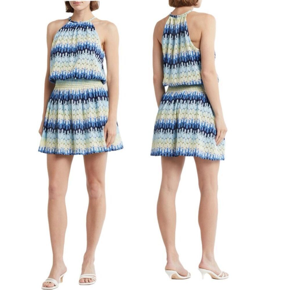 NWT Ramy Brook “Leona” halter knit mini dress in blue hues  Size L